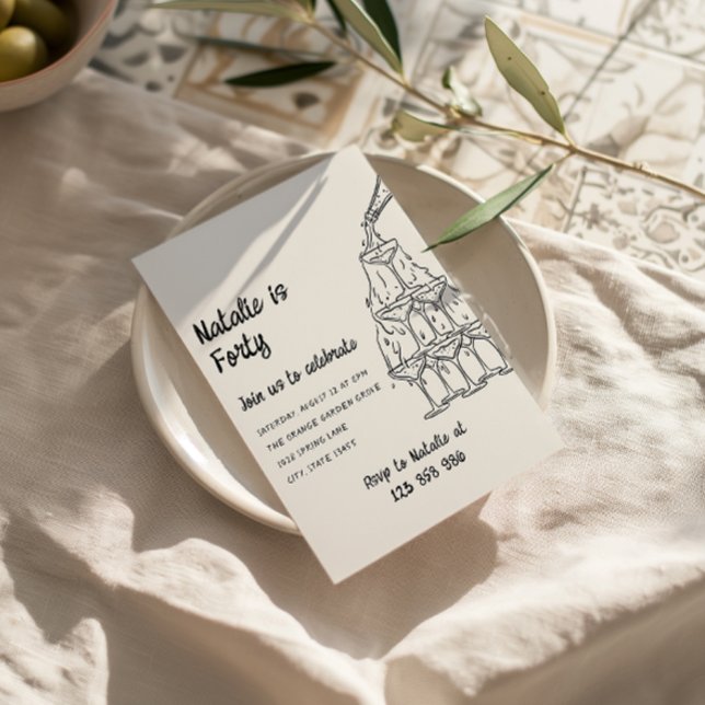 Forty Illustrated Champagne Tower 40th Birthday Invitation (Creator Uploaded)