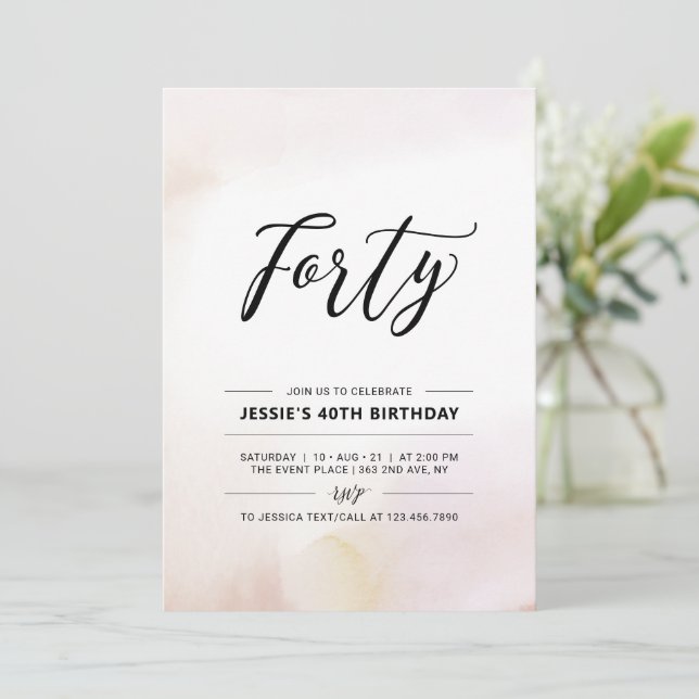 Forty | Minimal 40th Birthday Party Watercolor Invitation (Standing Front)