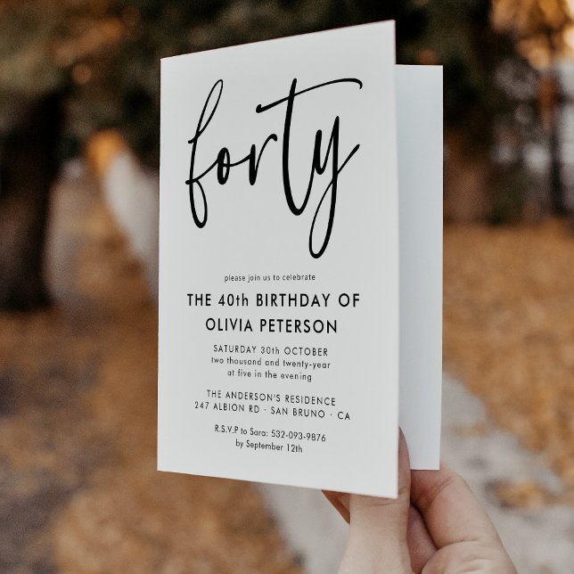Forty | Modern 40th Black & White Birthday Folded Invitation (Creator Uploaded)