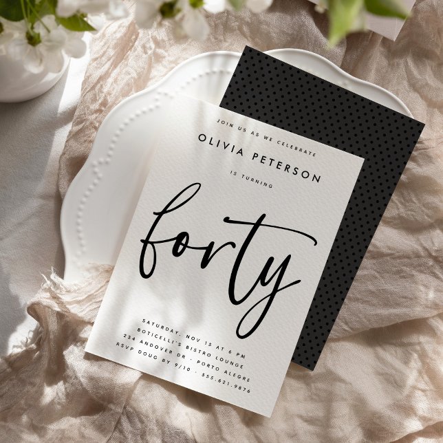 Forty | Modern B&W 40th Birthday Party Typography Invitation (Creator Uploaded)