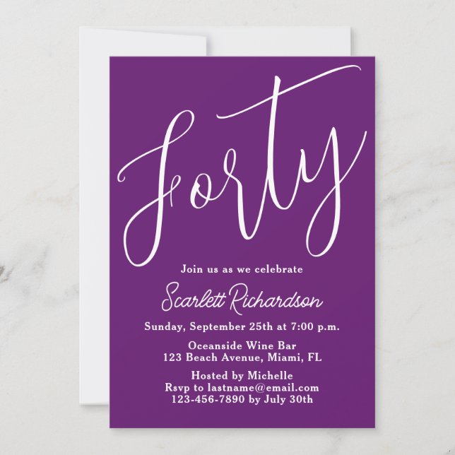 Forty Modern Script Autumn Purple 40th Birthday Invitation (Front)