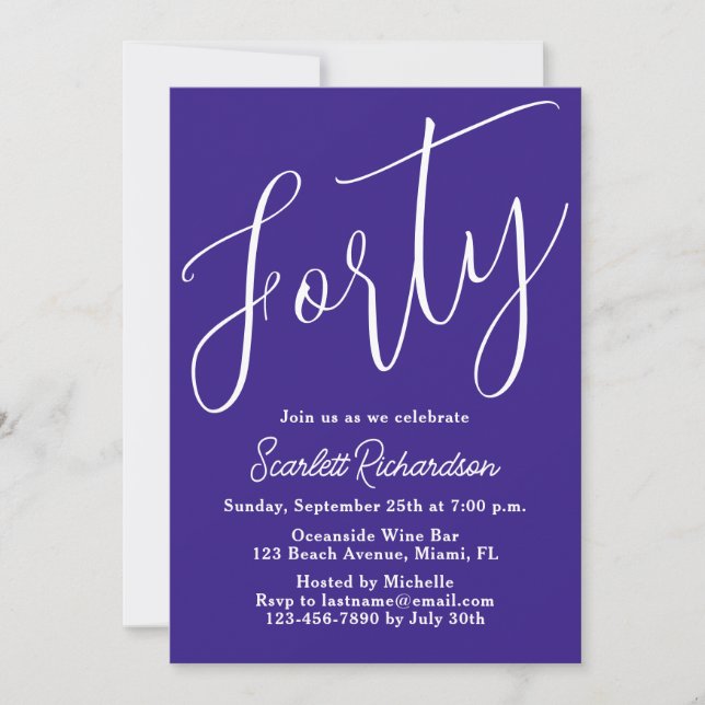 Forty Modern Script Purple 40th Birthday Party Invitation (Front)
