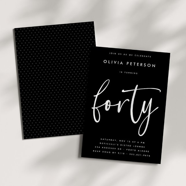 Forty | Modern White on Black 40th Birthday Party Invitation (Creator Uploaded)
