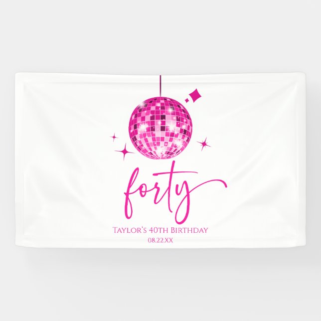Forty Pink Disco Ball 40th Birthday Party Banner (Horizontal)