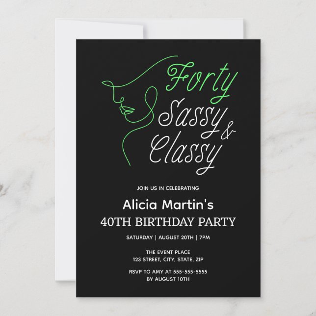 Forty Sassy & Classy Black 40th Birthday Party Invitation (Front)