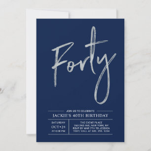 Forty Silver & Navy Modern 40th Birthday Party Invitation