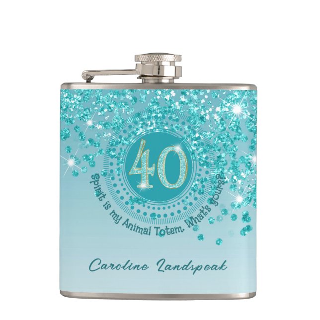 Forty & Teal Blue Glitter & Drinking Quote Hip Flask (Front)