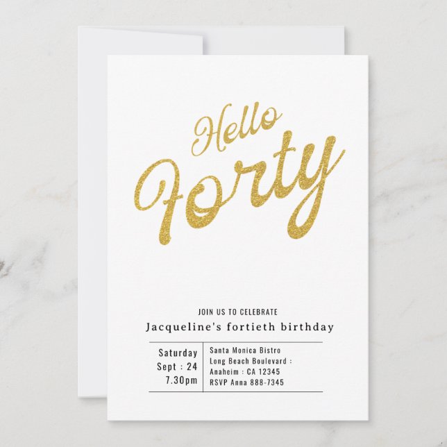 Forty White And Gold Modern 40th Birthday Invitation (Front)