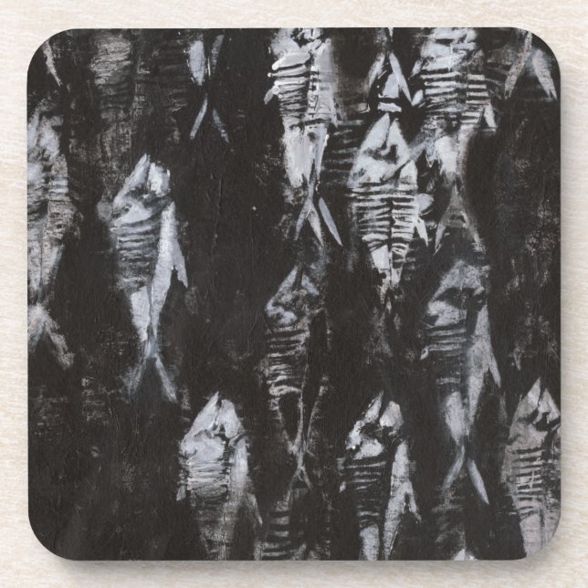 Fossil White Fish on Black Background Coaster (Front)