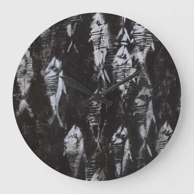 Fossil White Fish on Black Background Large Clock (Front)