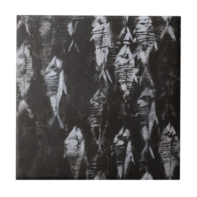 Fossil White Fish on Black Background Tile (Front)