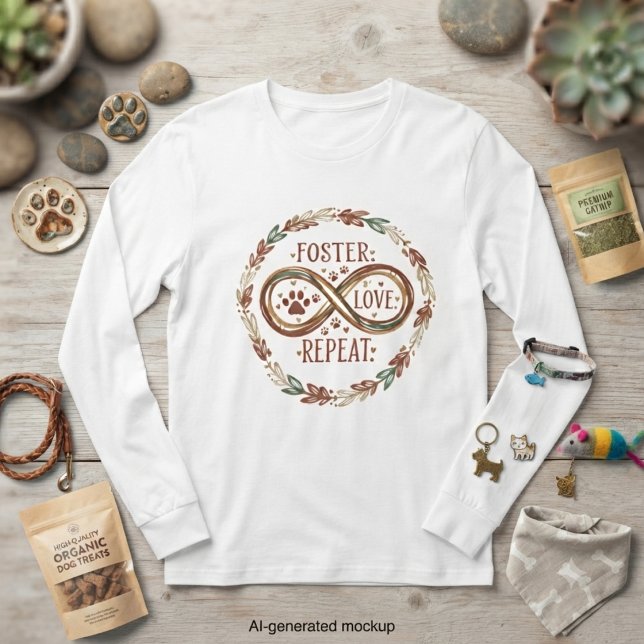 Foster Love Repeat Infinity Wreath Dog Mum T-Shirt (Cozy long-sleeve tee with an infinity wreath design, perfect for dedicated animal rescue advocates.)