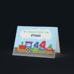 Foster Son 4th Birthday Colourful Train on Track Card<br><div class="desc">Now is the best time to order yourself a copy of this brightly coloured card that we designed to send fun 4th birthday greetings to a dear foster son. You can also customise this with his name on the cover.</div>