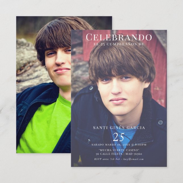 Foto doble de 25 cumpleaños masculino invitation (Front/Back)