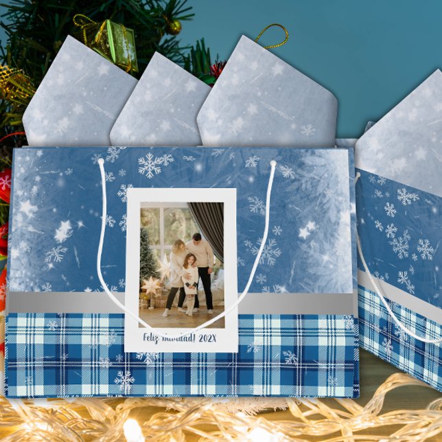 Foto Feliz Navidad Elegante Azul  Large Gift Bag (Creator Uploaded)