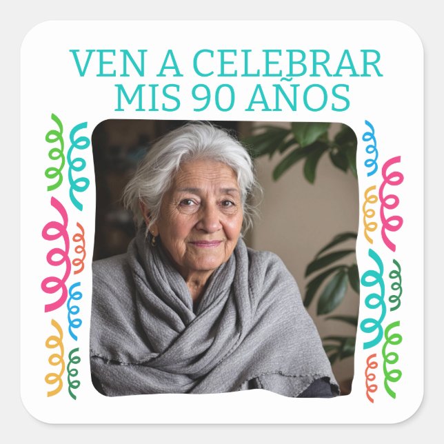Foto Personalizada Mis 90 Años Fiesta Square Sticker (Front)