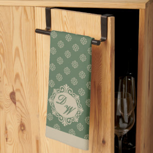 Foulard rosette geometric pattern, sage green tea towel