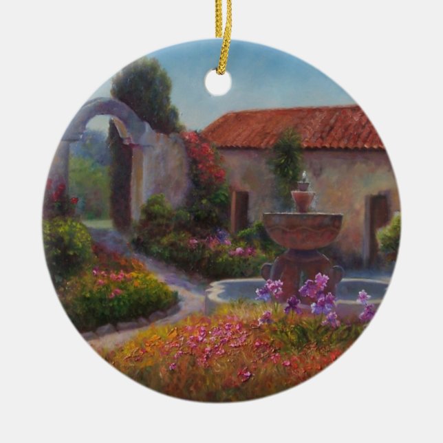 Fountain and Garden at Carmel Mission Ceramic Tree Decoration (Front)