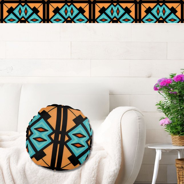 Fountain Blue Saffron Bold Pattern Round Cushion (Creator Uploaded)