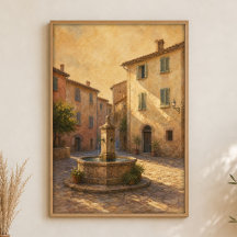 Fountain in the Quiet Square Watercolour Poster