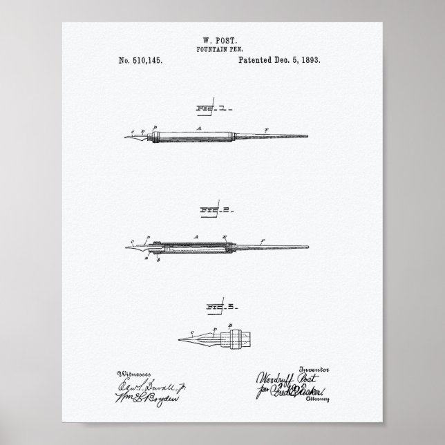 Fountain Pen 1893 Patent Art White Paper Poster (Front)