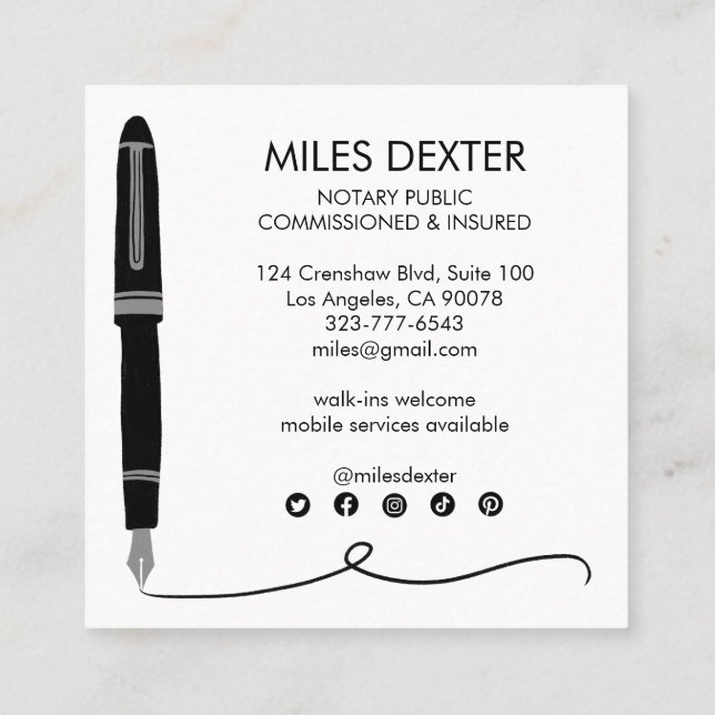 Fountain Pen Signature Logo Notary Public Legal Square Business Card (Back)
