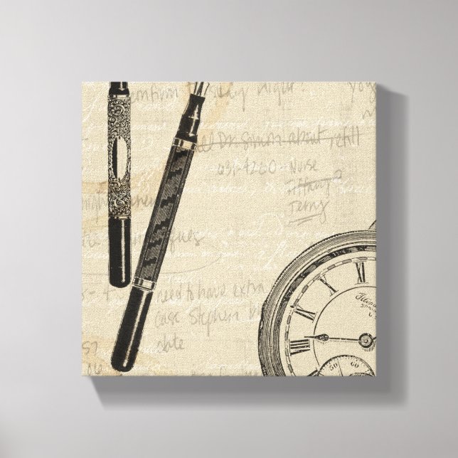 Fountain Pens and Watchface with Notes Canvas Print (Front)