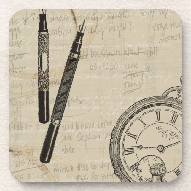 Fountain Pens and Watchface with Notes Coaster (Front)
