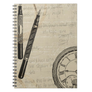 Fountain Pens and Watchface with Notes Spiral Notebook