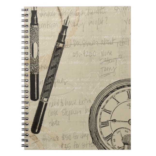 Fountain Pens and Watchface with Notes Spiral Notebook (Front)