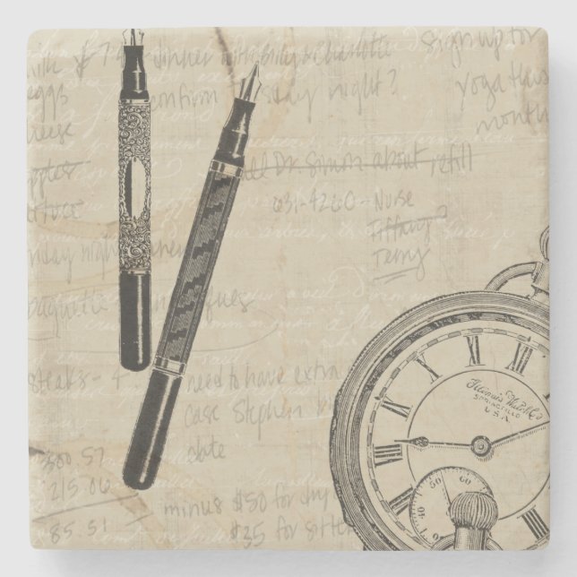 Fountain Pens and Watchface with Notes Stone Coaster (Front)