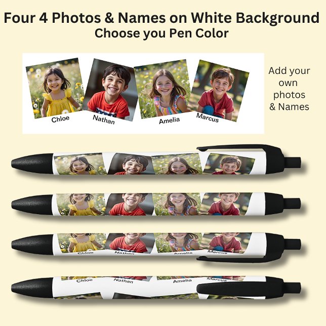 Four 4 Square Photos & Names, on White on Black Blue Ink Pen (Creator Uploaded)