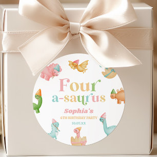 Four A-Saurus Dinosaur 4th Fourth Birthday Party Classic Round Sticker