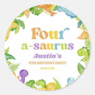 Four A-Saurus Dinosaur 4th Fourth Birthday Party Classic Round Sticker