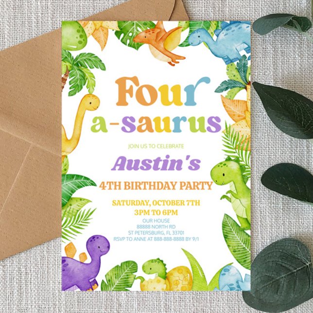 Four A-Saurus Dinosaur 4th Fourth Birthday Party Invitation (Creator Uploaded)