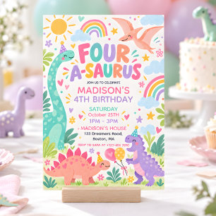 Four A Saurus Pastel Dinosaur 4th Birthday Invitation