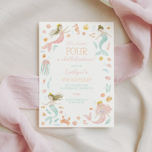 Four a shellabration Mermaid Girls 4th Birthday Invitation