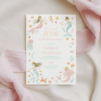 Four a shellabration Mermaid Girls 4th Birthday Invitation