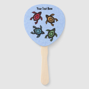 Four Abstract Black Turtles Colourful Shells Blue Hand Fan
