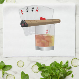 Four Aces, A Drink and A Cigar Tea Towel