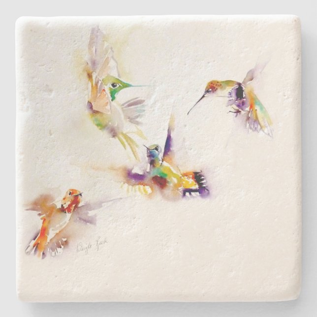 "Four Acrobats" Hummingbird Print Stone Coaster (Front)