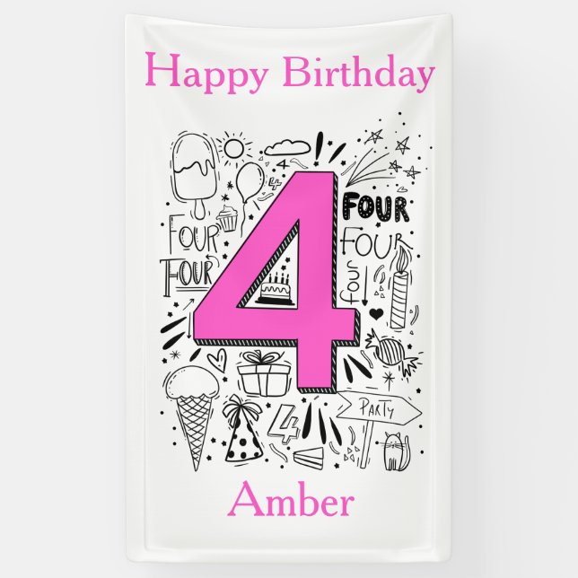Four age 4th Pink  birthday Banner (Vertical)