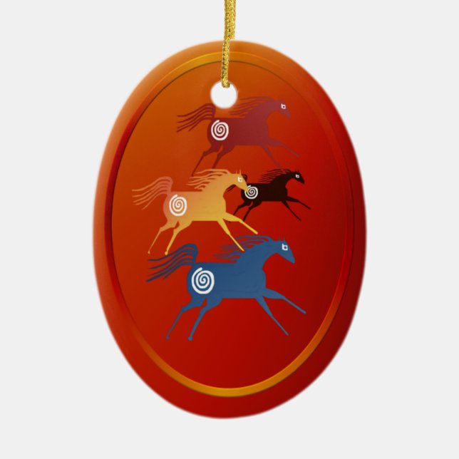 Four Ancient Horses ornament_oval Ceramic Tree Decoration (Front)