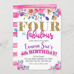 Four and Fabulous Girls Floral 4th Birthday Invitation
