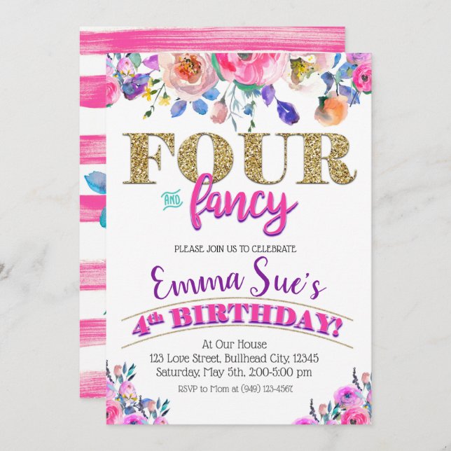 Four and Fancy Girls Floral 4th Birthday  Invitation (Front/Back)