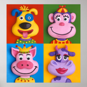 Four Animal Faces Kid's Room Nursery Poster