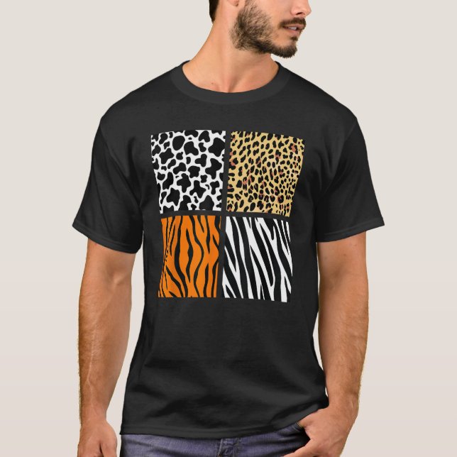 Four Animal Pattern Cow Tiger Leopard Zebra Animal T-Shirt (Front)