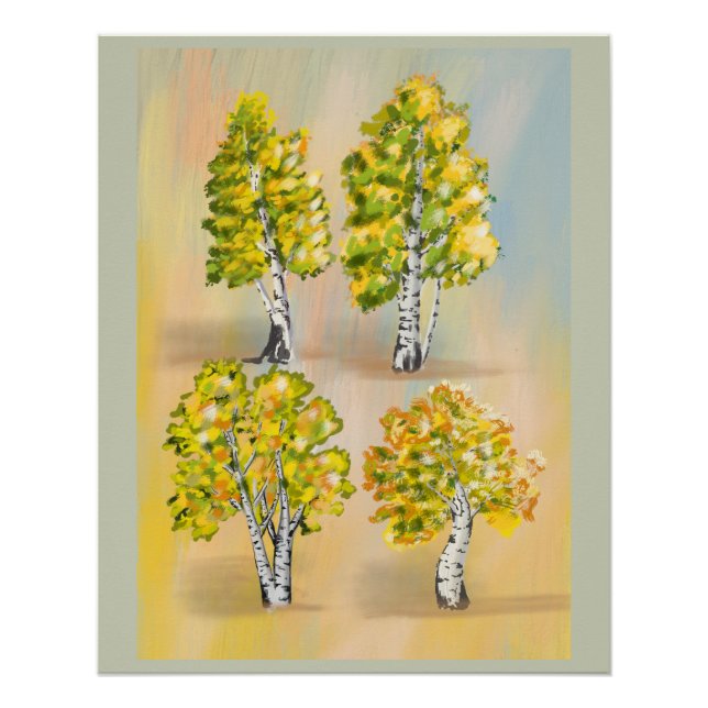 Four birch trees in color, botanical. poster (Front)