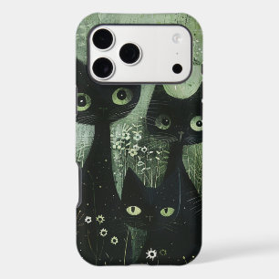 Four Black Cats with Daisies on Mixed Grey