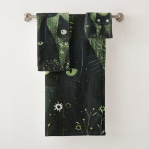 Four Black Cats with Daisies on Mixed Grey Bath Towel Set